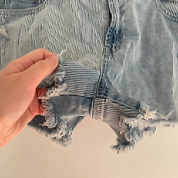 REWASH Light Wash Railroad Stripe Patchwork High Waisted Denim Jean Shorts 13 31 - Picture 8 of 12